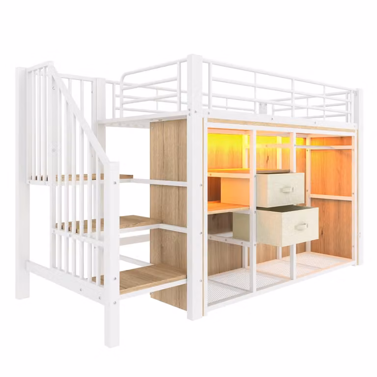 Cama semialta ComfortXL para niños con armario integrado, estantería, cajones, escalones y luz LED en color blanco y negro, An/P/Al: 90 x 200 x 139 cm