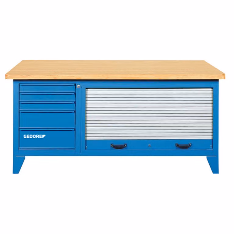 Banco de trabajo Gedore con persiana y panel perforado en acero, azul y gris