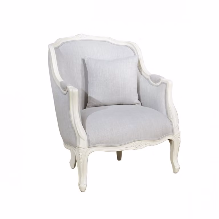 Sillón bergère clásico Robin des Bois de madera maciza y tela efecto lino en color blanco