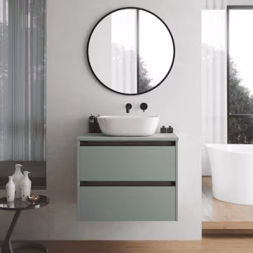 Mueble de baño suspendido BAÑO TOTAL con lavabo de sobreponer cerámico, 2 cajones con tirador negro y acabado en roble mate, An/P/Al: 60 x 45 x 55 cm