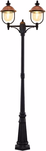 Lámpara de exterior Lindby Clint en color negro y cobre, diseño de farol con 2 luces, resistente al agua salada, ideal para jardín, terraza o balcón, Altura: 225 cm