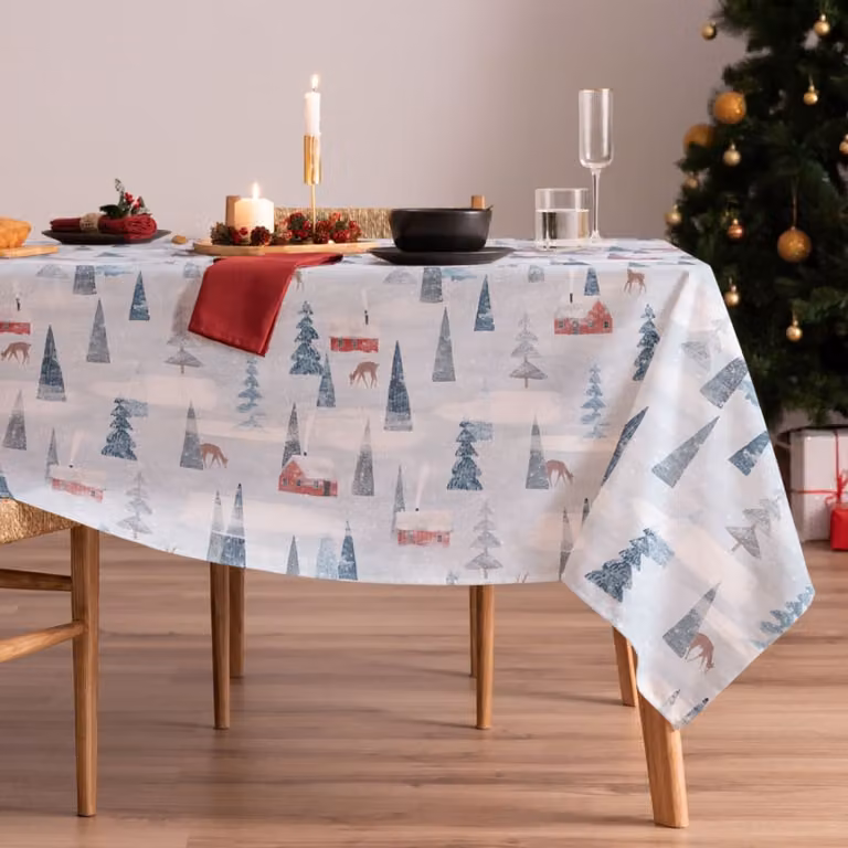 Mantel de Navidad Mint de Algodón con Diseño Gráfico en Azul y Gris, An/P: 155 x 300 cm