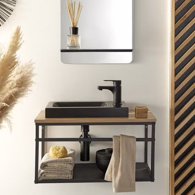 Mueble de baño suspendido Wilo con lavabo en color negro y acabado roble mate An/P/Al: 60 x 30 x 36,6 cm