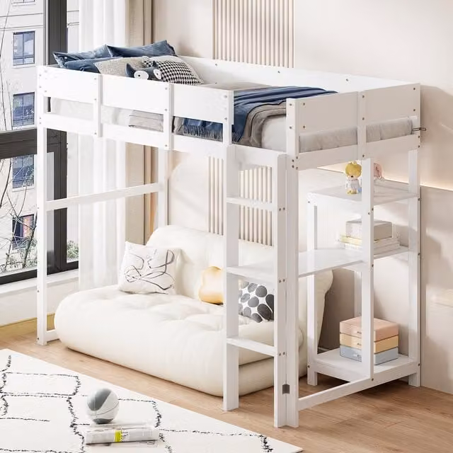 Cama alta infantil MODENVIE de madera en color blanco con estante lateral y barandillas, An/P/Al: 90 x 200 x 160 cm