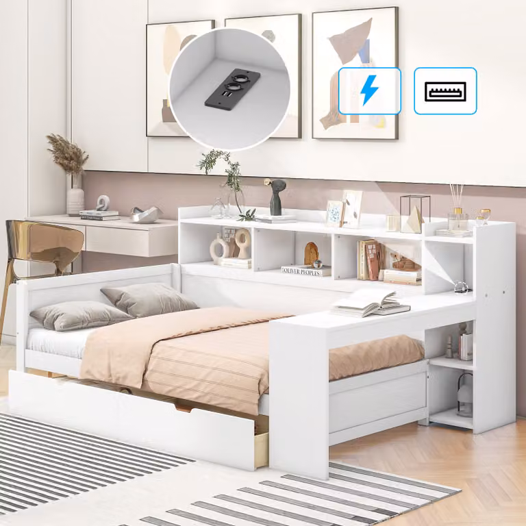 Sofá cama tipo daybed STILVORA blanco con escritorio, 2 cajones, toma de corriente y puerto USB, An/P/Al: 90 x 200 cm (sin colchón)