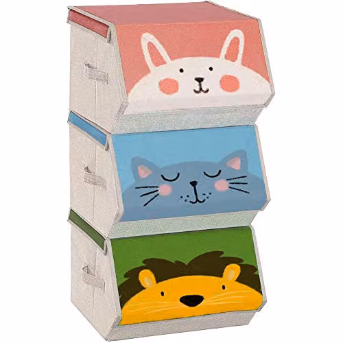 Set de 3 cajas de almacenaje infantil Songmics, organizadoras plegables y apilables con tapa magnética y asas, diseños de conejo, gato y león, colores rosa y azul