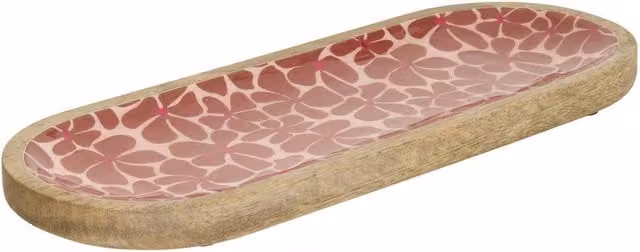 Plato oval de cerámica y madera Inaya de Atmosphera con asas en tonos marrón, naranja y rosa