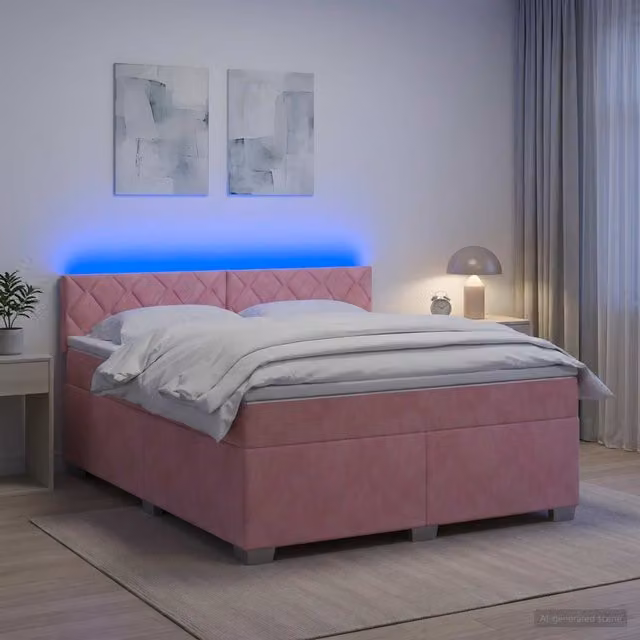 Cama Maison Exclusive con base tapizada en terciopelo rosa y blanco, colchón híbrido, luz LED y puerto USB, An/P/Al: 160 x 200 cm