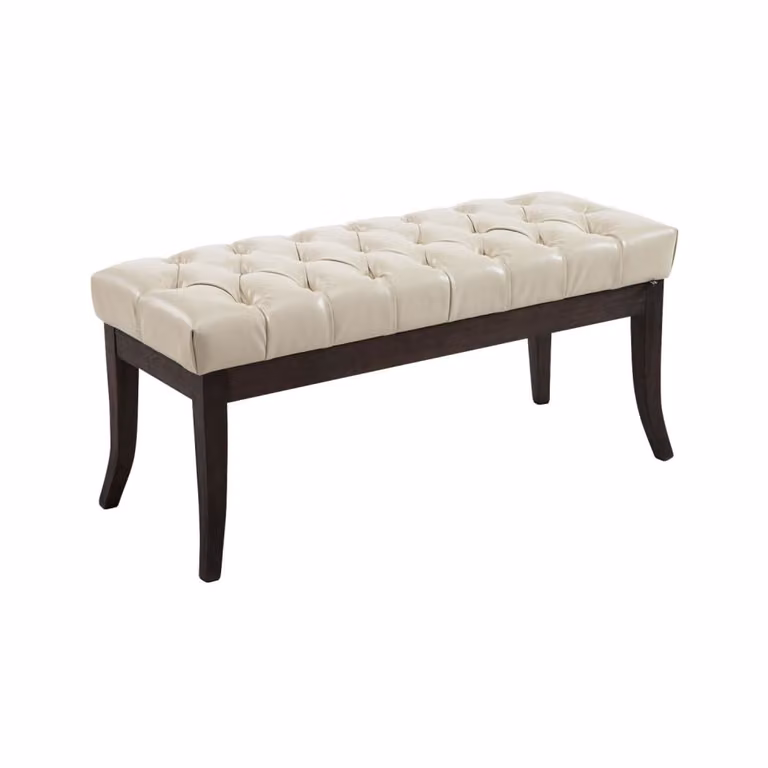 Banco estilo Chesterfield con asiento en simil cuero beige y patas de madera para salón o comedor An/P/Al: 136 x 38 x 46 cm