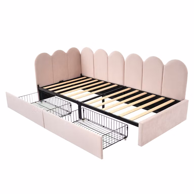 Cama OKWISH tapizada en terciopelo rosa con 2 cajones y chaise longue asimétrica An/P/Al: 208 x 94 x 76 cm