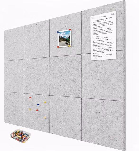 Set de 12 paneles de fieltro autoadhesivos relaxdays en color gris con 100 chinchetas, An/An/Al: 30 x 30 x 0,9 cm