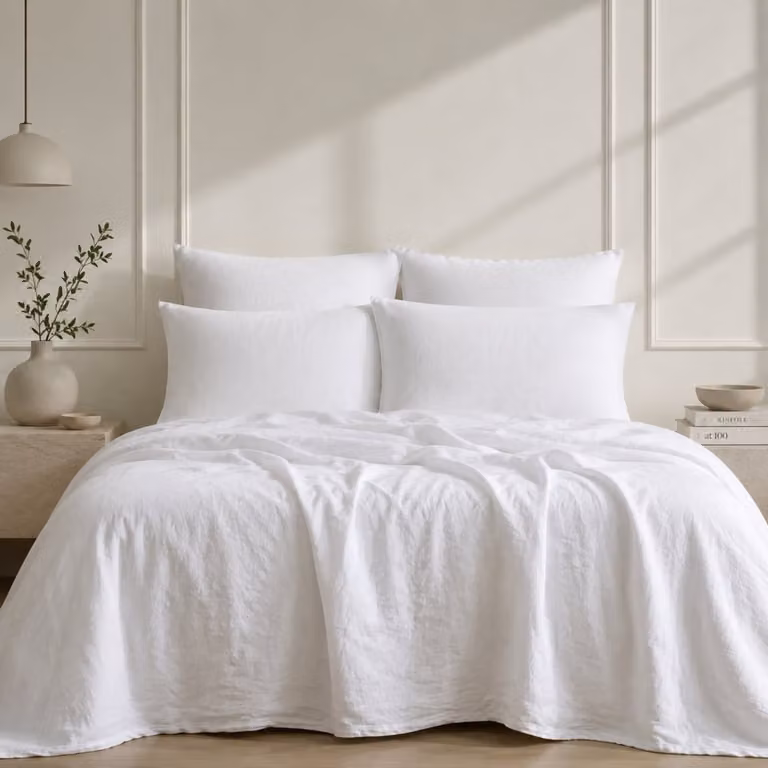 Juego de cama de lino Febronie color blanco con funda nórdica de 240 x 220 cm y fundas de almohada de 65 x 65 cm