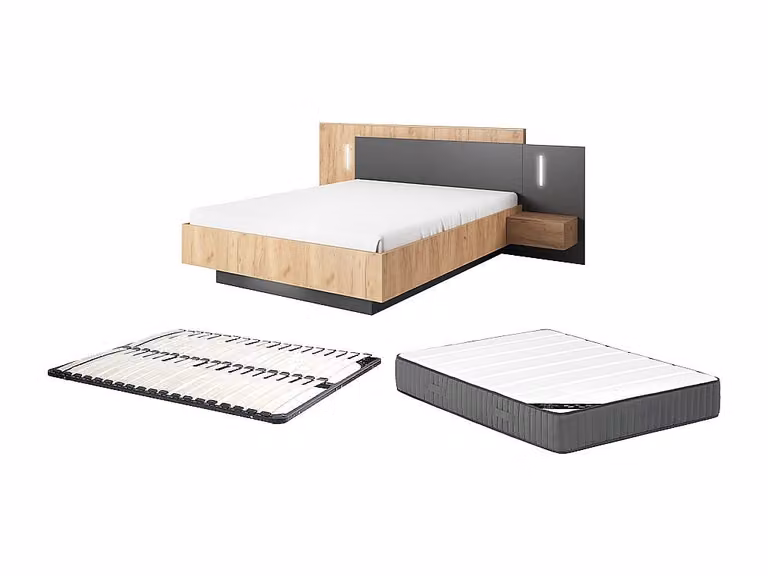 Cama con mesitas de noche FRANCOLI con cajones, iluminación LED bajo la cama y colchón híbrido, color antracita, beige, blanco y negro, An/P/Al: 160 x 200 cm