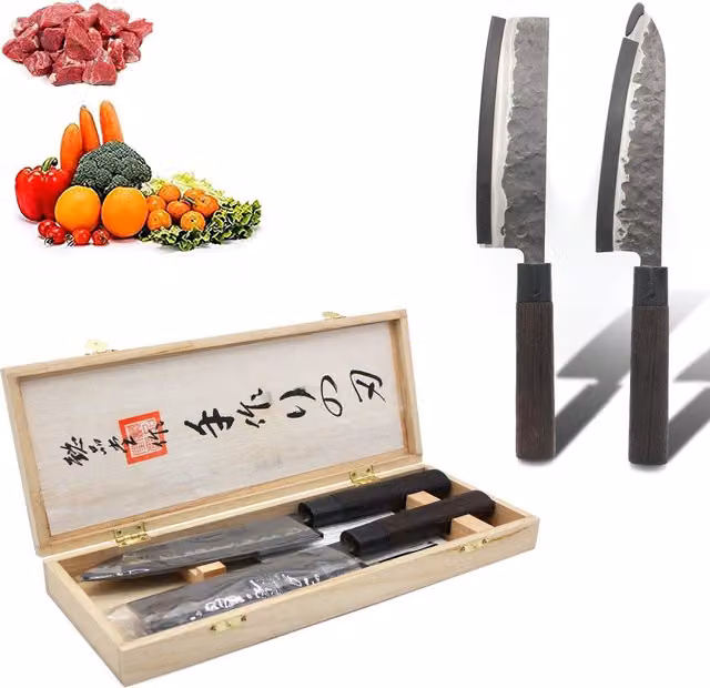 Juego de 2 cuchillos de cocina Santoku FISHTEC de acero japonés forjado con mangos de madera de palisandro africano y caja de regalo