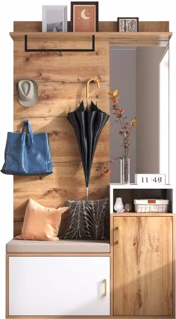 Conjunto para recibidor Aosom con espejo, banco, compartimentos para zapatos, ganchos y barra para abrigos, An/P/Al: 105 x 40 x 190,5 cm, Blanco y Color natural