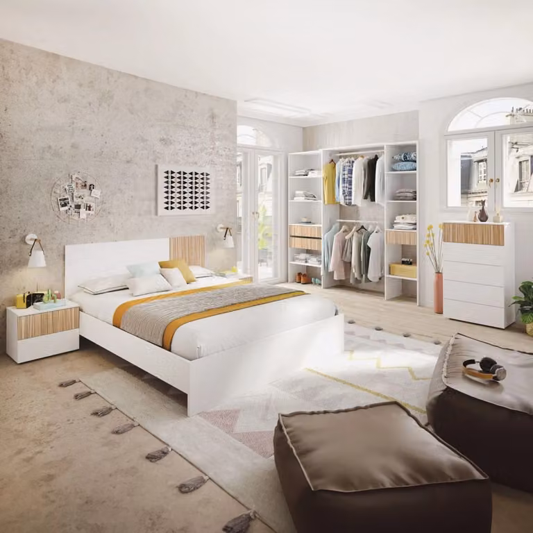 Armario vestidor moderno DUEHOME en blanco mate y marrón con estantes y cajones internos An/P/Al: 190 x 40 x 187 cm