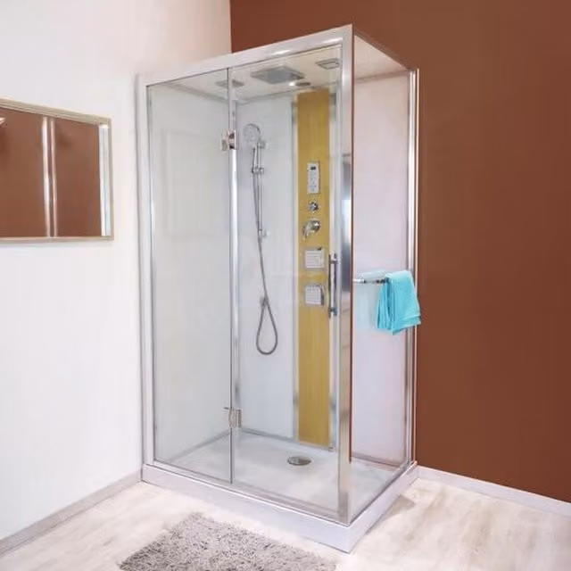 Cabina de ducha de esquina Ondee Søren con hidromasaje, radio, Bluetooth y luz LED, acabado cromo y cristal transparente, An/P: 140 x 80 cm