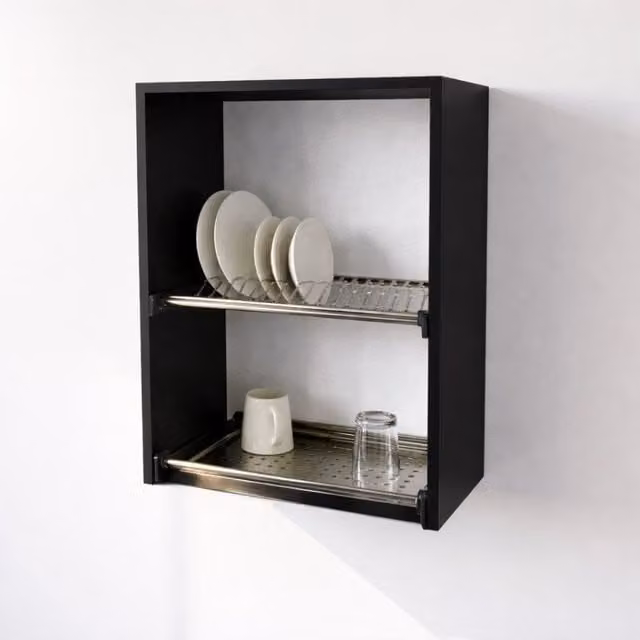Mueble alto escurridor de cocina Calandrelli en color negro con puertas de bisagra y estantes internos, An/P/Al: 60 x 33 x 72 cm