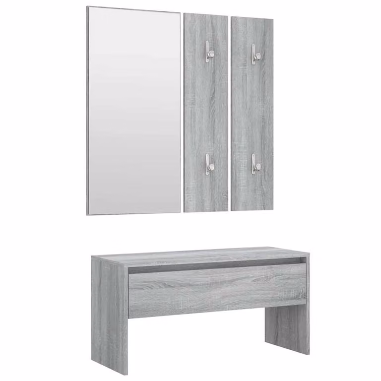 Set de muebles de recibidor vidaXL con espejo, banco, estante de pared y zapatero en madera y plástico color gris mate