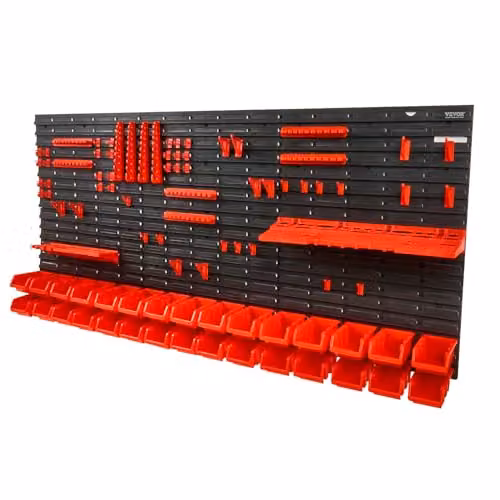 Organizador de herramientas VEVOR con 30 cajas de plástico y paneles de pared para taller o garaje, Negro/Rojo