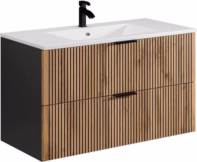 Mueble de baño Madela con lavabo de Vente-Unique en color negro, diseño suspendido con puertas y cajones de cierre suave, An/P/Al: 46 x 46 x 57 cm