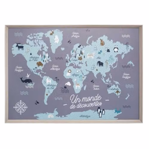 Cuadro infantil de mapa del mundo Atmosphera en azul y multicolor, An: 50 cm, Al: 70 cm