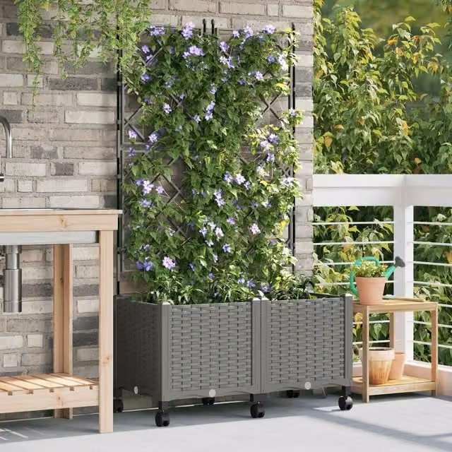 Jardinera con enrejado y ruedas Maison Exclusive, pack de 2 unidades, color gris claro