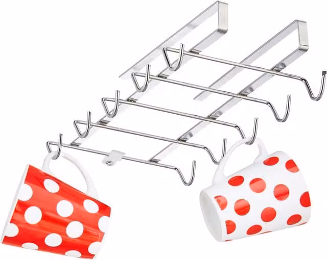 Colgador de tazas Relaxdays de metal para 10 vasos, color plateado, An/P/Al: 6 x 14 x 28 cm