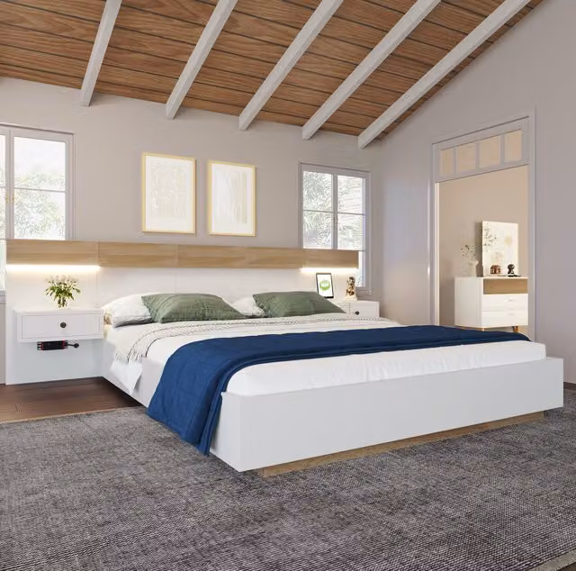 Cama Mivray de madera en blanco y roble con cabecero con luz LED, puertos USB/USB-C y dos mesitas de noche, An/P/Al: 140 x 200 x 205 cm