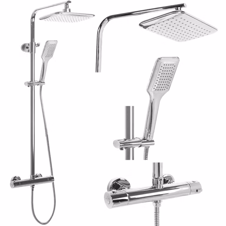 Conjunto de termostato para ducha Rea TOM con rociador de lluvia y columna rígida, acabado cromado, montaje en pared, Altura: 120 cm