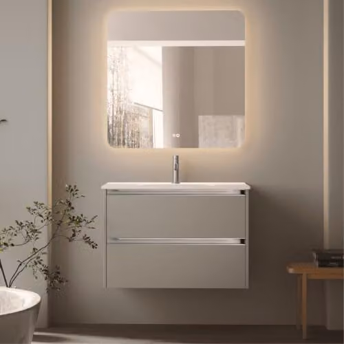 Mueble de baño suspendido B BAÑO TOTAL con cajones y puertas en acabado roble mate blanco y marrón con iluminación LED