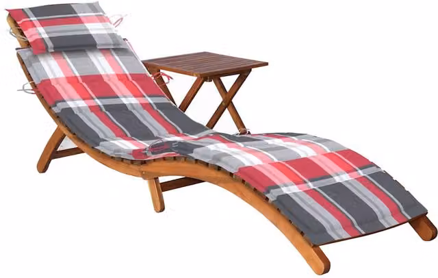 Tumbona de jardín SYFAX de madera de acacia con mesa y cojín multicolor de diseño ergonómico