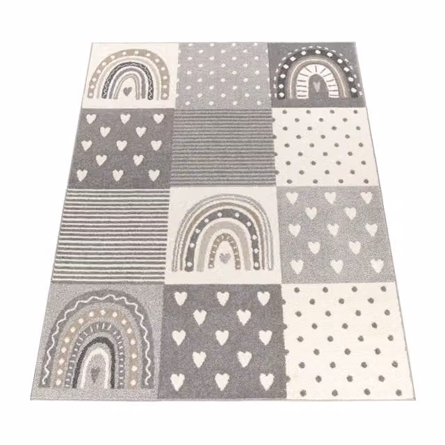 Alfombra infantil Ninique gris y blanca de fibras sintéticas, An: 80 cm, Al: 150 cm