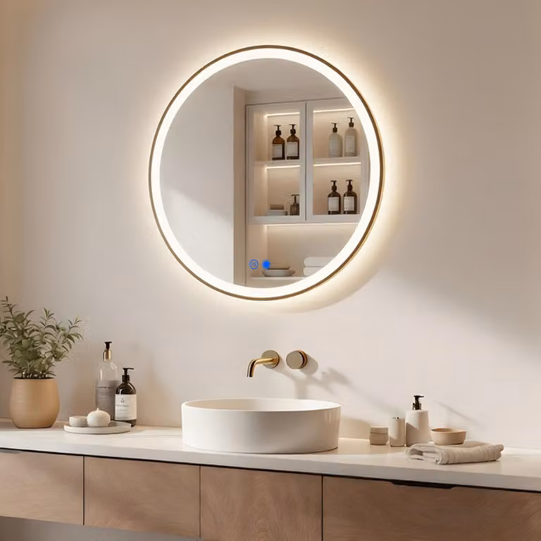 Espejo de baño redondo Artforma con LED, sensor táctil y función antiniebla, color dorado, Diámetro: 60 cm