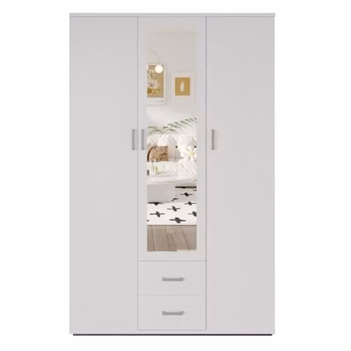 Armario de 3 puertas con espejo Meublorama en color blanco con diseño moderno, Altura: 185 cm, Ancho: 120 cm, Profundidad: 52 cm