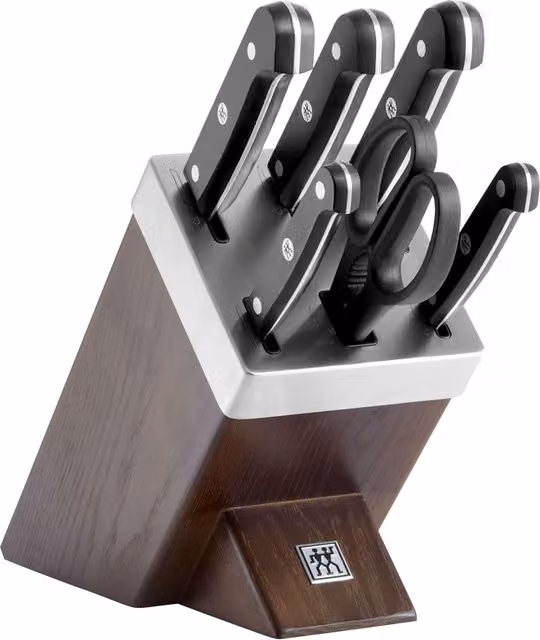 Taco de cuchillos Zwilling Gourmet de 7 piezas con sistema autoafilado y tijeras en color marrón y acero inoxidable
