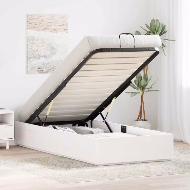 Estructura de cama otomán con almacenamiento Maison Exclusive en madera de pino y tejido blanco de 90 x 190 cm