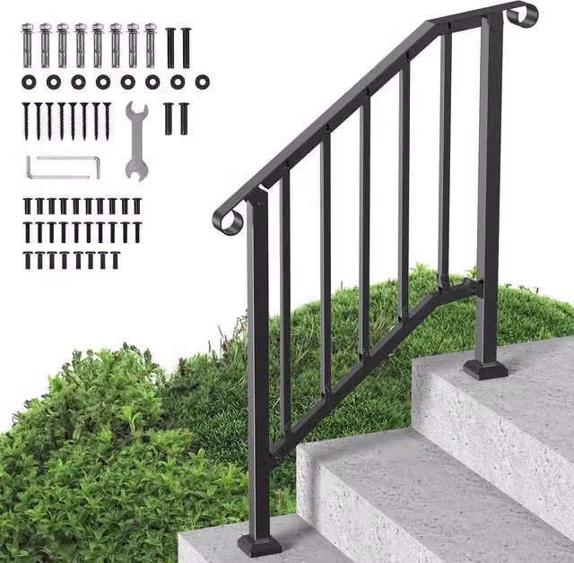 Pasamanos Vevor de acero al carbono para 2-3 escaleras exteriores en color negro mate con kit de instalación