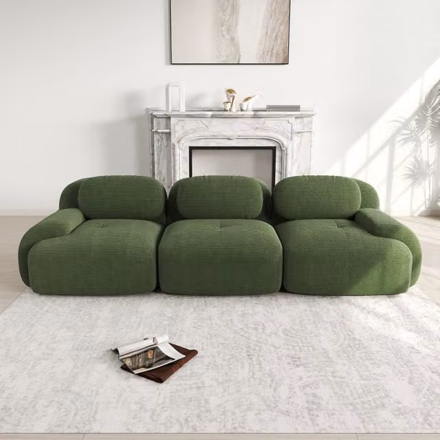 Sofá modular de 3 plazas DREAMMESPACE en terciopelo acanalado verde, diseño moderno y ergonómico, An/P/Al: 298 x 103 x 75 cm