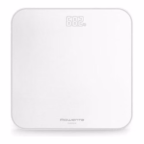 Báscula de baño personal Rowenta Classic 2.0 BS1901V0, pantalla digital y diseño de cristal en color blanco con capacidad de 180 kg