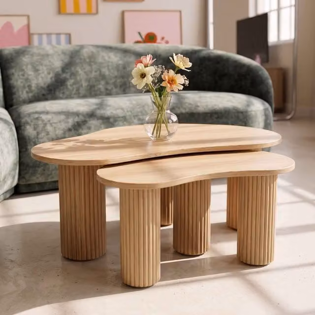 Mesa de centro nido OVIALA de melamina beige con diseño ovalado y acabado mate