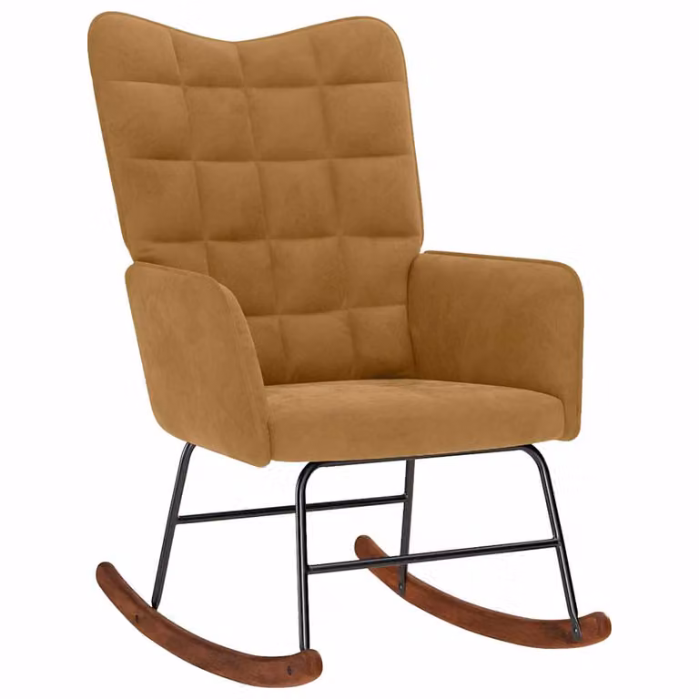 Silla mecedora de terciopelo marrón vidaXL con reposabrazos y estructura de madera y metal