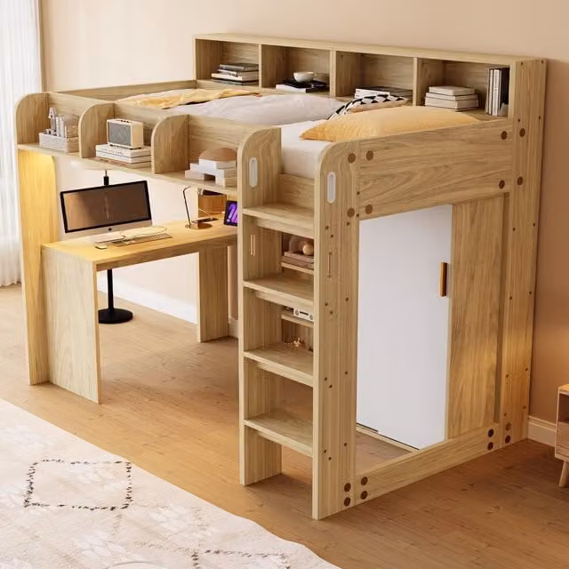 Cama alta multifuncional MODENVIE con escritorio, armario, estantería, iluminación LED y enchufe, An/P/Al: 90 x 200 x 165,5 cm
