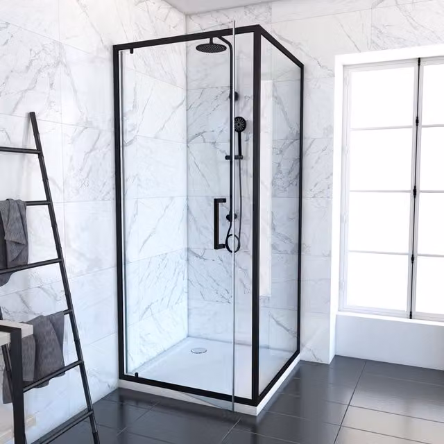 Puerta de ducha de esquina Aurlane FAC625 con panel fijo y puerta abatible, cristal transparente y perfiles negros, An/P/Al: 90 x 90 x 200 cm