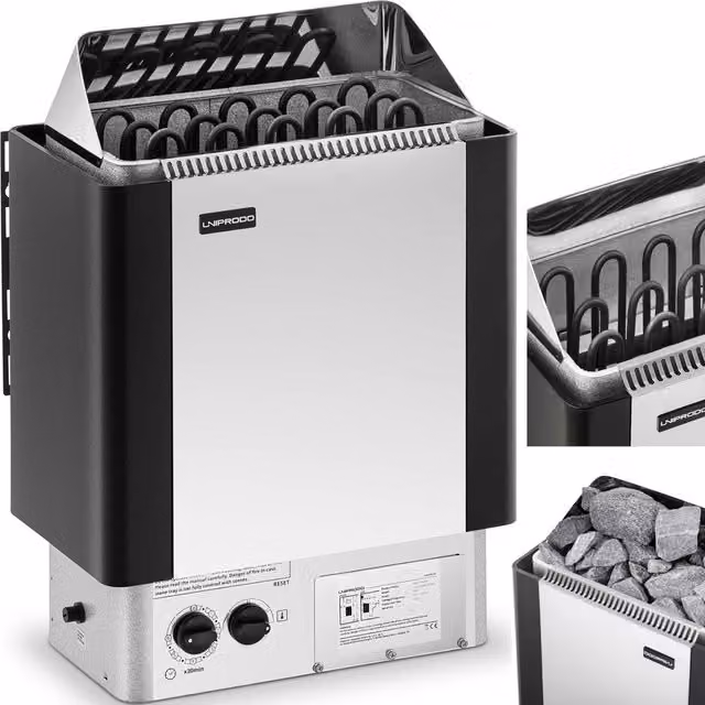 Horno de sauna eléctrico Uniprodo de estilo finlandés en acero inoxidable, color negro y plata, con potencia de 8 kW y controlador integrado