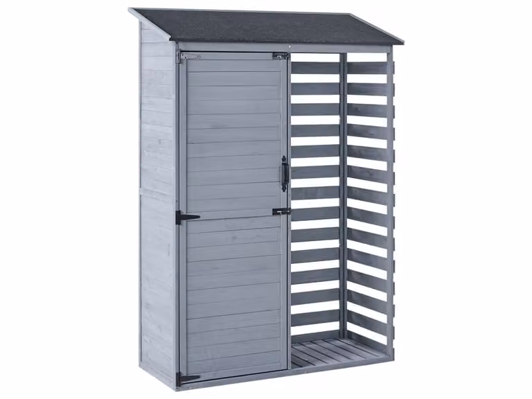 Armario para herramientas Beliani de madera de abeto estilo rústico con estantes y cerradura, color gris, An: 130 cm, P: 57 cm