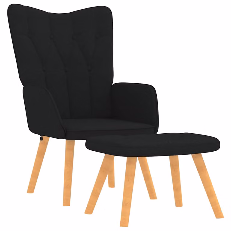 Sillón de relax vidaXL con reposapiés integrado en tela negra y estructura de madera y metal