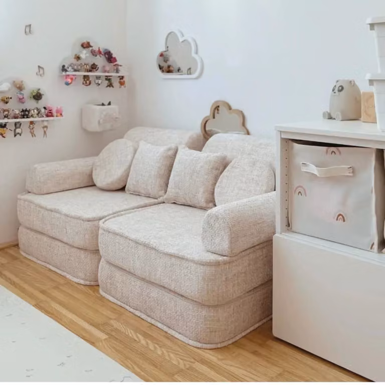Sofá modular infantil MeowBaby tapizado en tela con fundas extraíbles, disponible en azul y beige