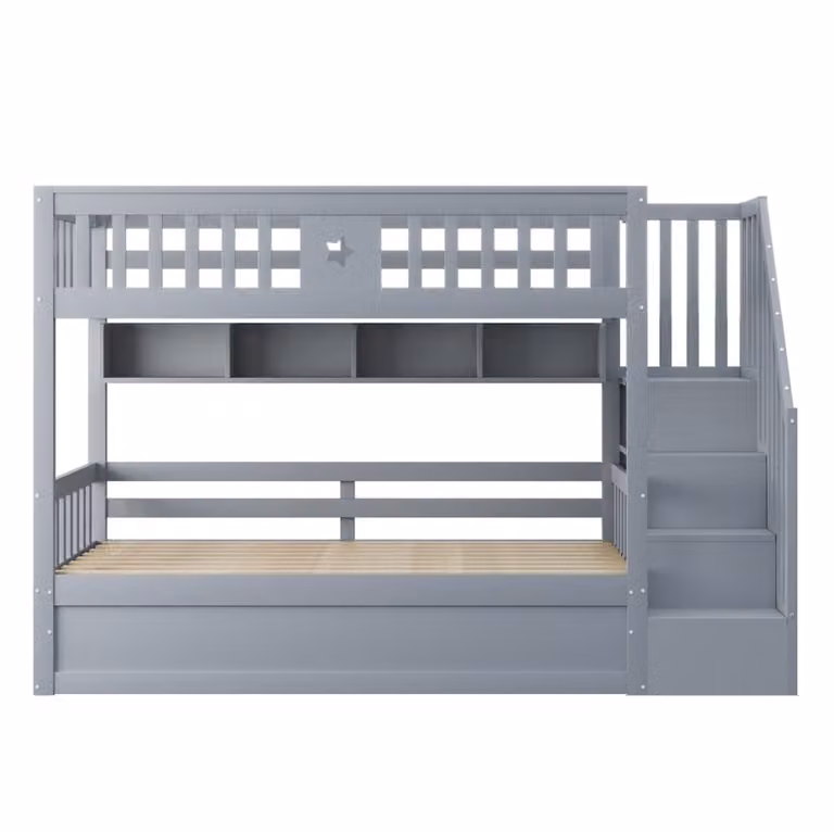 Litera de madera REDOM gris con almacenaje hidráulico, estantes e integrada en escalera para niños de 90x200 cm