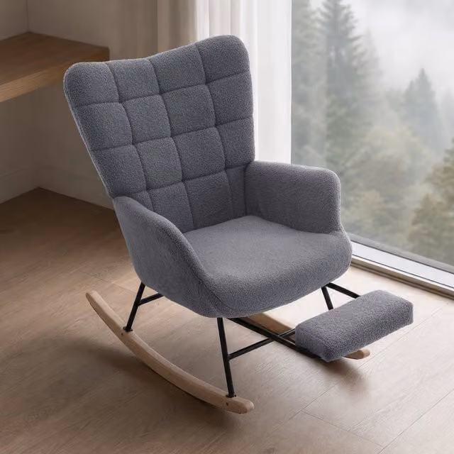 Sillón mecedor MODFU con reposapiés y brazos, tapizado en tela gris, estructura de metal y madera, An/P/Al: 68 x 88 x 91 cm